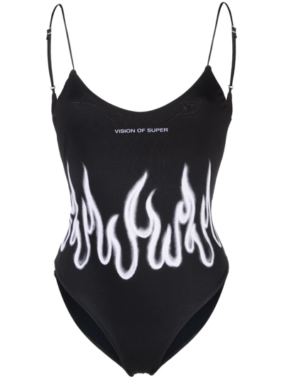 Vision Of Super Black Swimwear With White Spray Flames In Nero