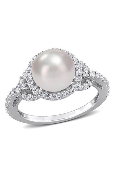 Delmar Sterling Silver 8.5-9mm Freshwater Cultured Pearl White Topaz Ring