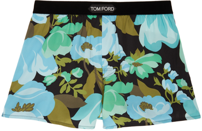 Tom Ford Velvet-trimmed Floral-print Stretch-silk Satin Boxer Shorts In Blue