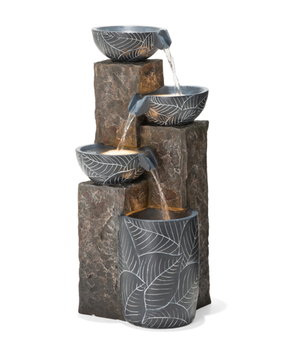 Glitzhome Natural Leaf Textured 4 Tier Resin Outdoor With Pump And Light Fountain, 32.75" Height In Multi