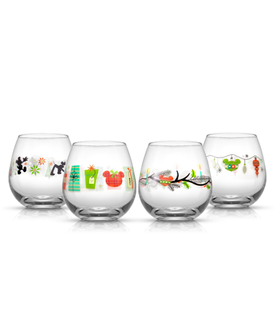 Joyjolt Disney Geo Picnic Mickey Mouse 15 oz Stemless Wine Glasses Set, 4 Pieces In Clear