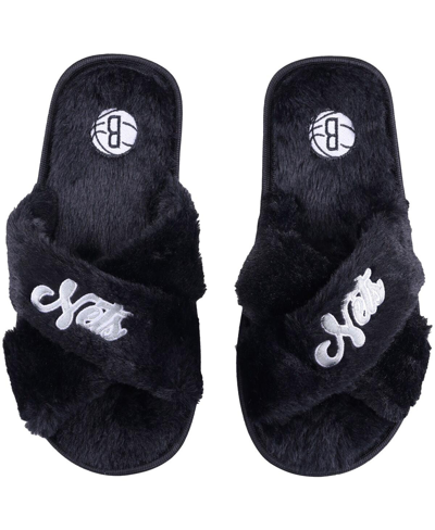 Foco Women's  Brooklyn Nets Script Cross Slide Slippers In Black