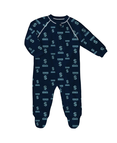 Outerstuff Toddler Boys And Girls Navy Seattle Kraken Team Print Raglan Full-zip Jumper Pajamas In Deep Sea Blue