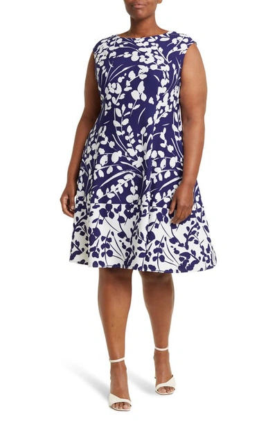 London Times Cap Sleeve Fit & Flare Dress In Navy Ivory