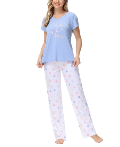 Jammie's By Hip Style Ink Ivy Women's Knit V Neck Short Sleeve Top With Lounge Pant, Set Of 2 In Pastel Stars
