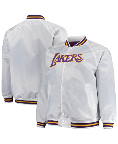 MITCHELL & NESS MEN'S MITCHELL & NESS WHITE LOS ANGELES LAKERS BIG AND TALL HARDWOOD CLASSICS RAGLAN SATIN FULL-SNAP