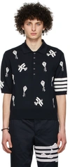 THOM BROWNE NAVY 4-BAR SKY ICONS POLO