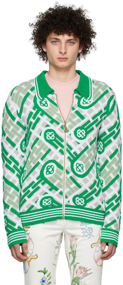 Casablanca Men's Monogram Full-zip Knit Sweater In Green