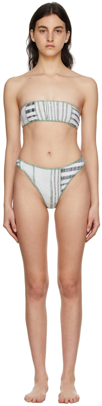 Luna Del Pinal Ssense Exclusive White Polyester Stripe Bikini In White W/green Overlo