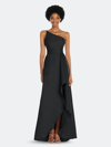 ALFRED SUNG ALFRED SUNG ONE-SHOULDER SATIN GOWN WITH DRAPED FRONT SLIT AND POCKETS