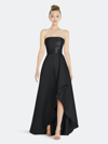 Alfred Sung Strapless Satin Gown With Draped Front Slit And Pockets In Black