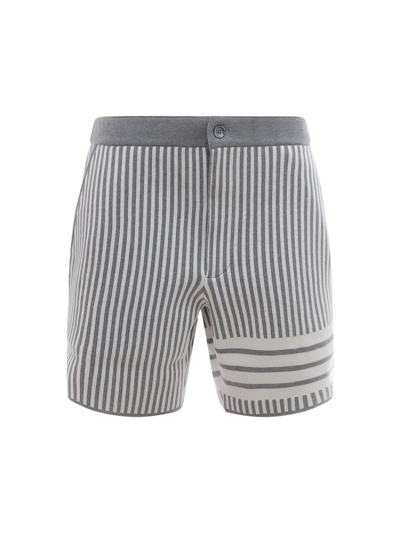 Thom Browne Cotton Bermuda Shorts With Striped Motif - Atterley In Grey
