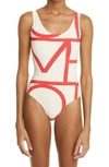 Totême Off-white & Red Monogram One-piece Swimusit In Cava / Red