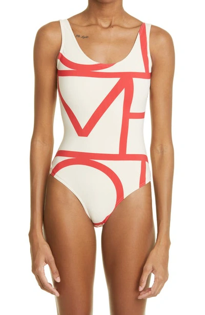 Totême Off-white & Red Monogram One-piece Swimusit In Cava/ Red