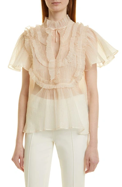 Stella Nova Florra Semisheer Ruffle Detail Blouse In White Pearl