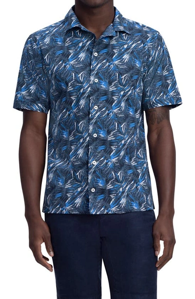 Bugatchi Shaped Fit Print Stretch Cotton Short Sleeve Button-up Shirt In Midnight