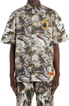 HERON PRESTON CAMO SHORT SLEEVE COTTON POPLIN BUTTON-UP BOWLING SHIRT