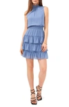 1.state Sleeveless Smocked Neck Dress With Ruffle Tiered Skirt In Porcelain Blue