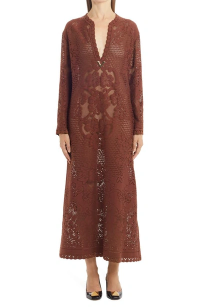 Valentino Peonies Blanket Long Sleeve Caftan Lace Dress In Chocolate