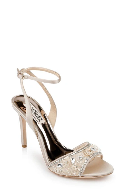 Badgley Mischka Tazana Satin Crystal Ankle-strap Sandals In Pearl Nude