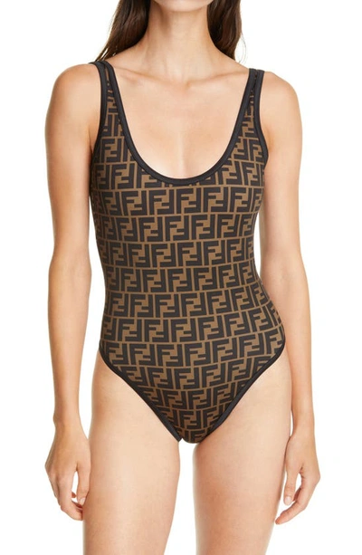 Fendi Ff Logo Print Swimsuit In Brown