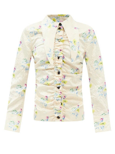 Ganni Floral-print Pointed-collar Recycled-polyester Stretch-satin Shirt In Yellow