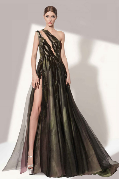 Jean Fares Couture Black Asymmetrical One Shoulder Gown