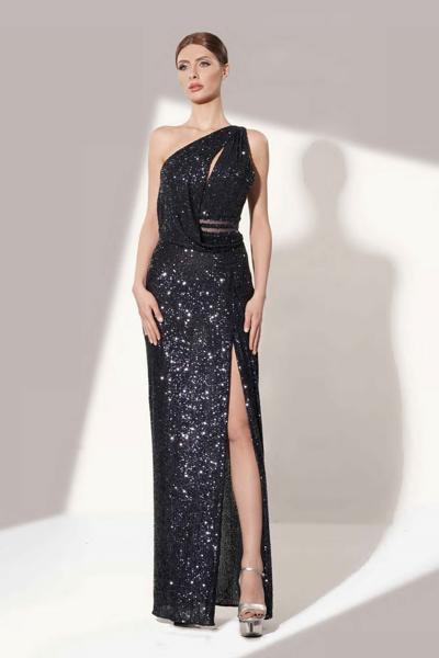 Jean Fares Couture Black Sequin One Shoulder Gown
