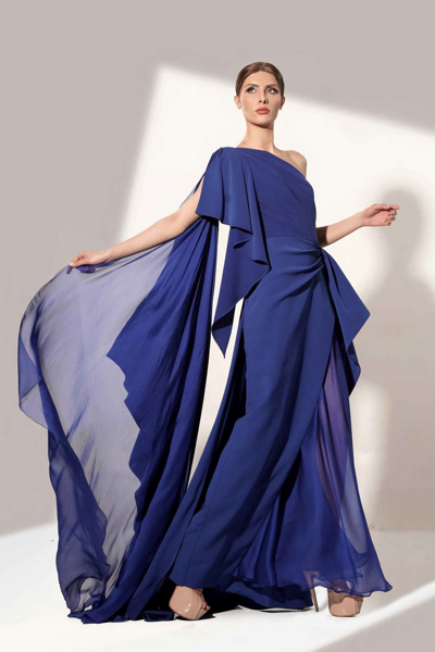 Jean Fares Couture One Shoulder Draped Blue Gown