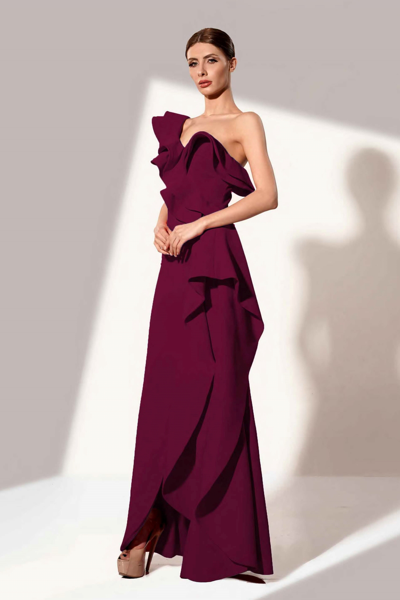 Jean Fares Couture One Shoulder Ruffle Gown