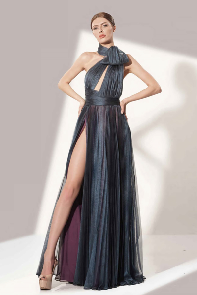 Jean Fares Couture Pleated Halter Gown