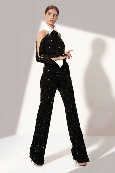Jean Fares Couture Sequin Black Jumpsuit