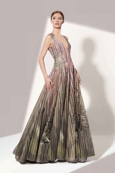 Jean Fares Couture Sleeveless Striped Gown