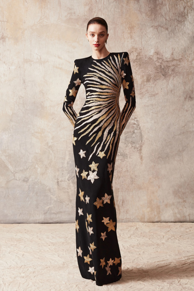 Naeem Khan Crepe Fitted Long Sleeve Gown