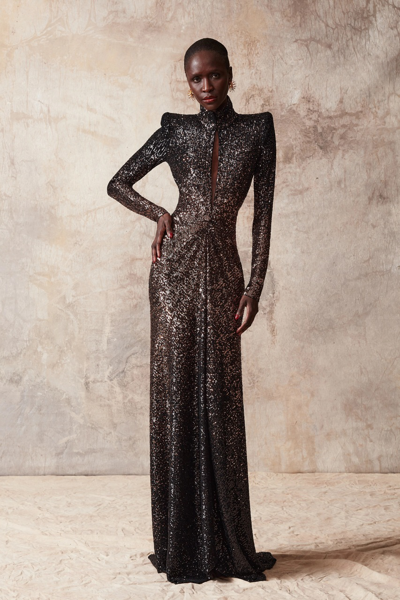 Naeem Khan Ombre Sequin Strong-shoulder Collared Gown In Black Gold Ombre