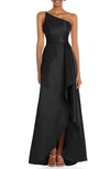 Alfred Sung Draped-front One-shoulder Satin Gown In Black