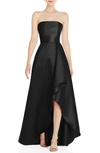 Alfred Sung Strapless Satin Gown With Draped Front Slit And Pockets In Black