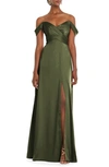 Dessy Collection Off-the-shoulder Flounce Sleeve Empire Waist Gown With Front Slit In Green
