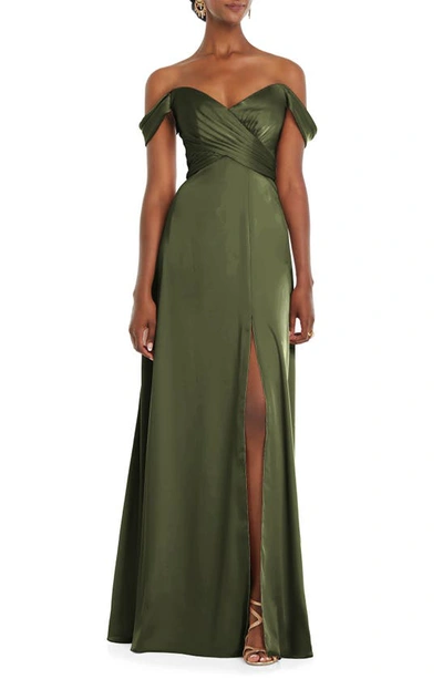 Dessy Collection Off-the-shoulder Flounce Sleeve Empire Waist Gown With Front Slit In Green