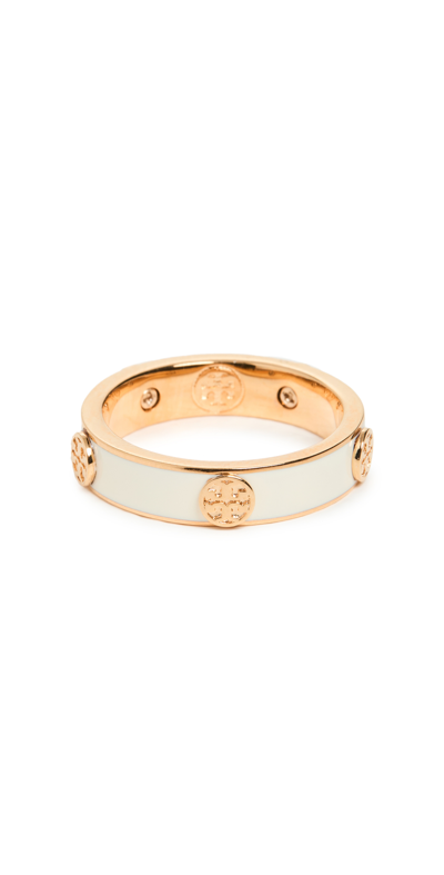 Tory Burch White And Gold Tone Miller Stud Ring In Ivory