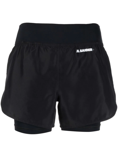 Jil Sander Logo科技织物层叠跑步短裤 In Black