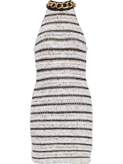 Balmain Chain Halter Striped Pointelle Tweed Mini Dress In White