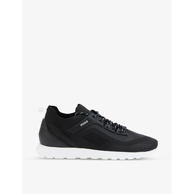Hugo Panelled Embossed-branding Faux-leather Running Trainers In Black