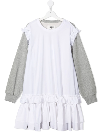 Mm6 Maison Margiela Kids' Contrast-panel Long-sleeve Dress In White