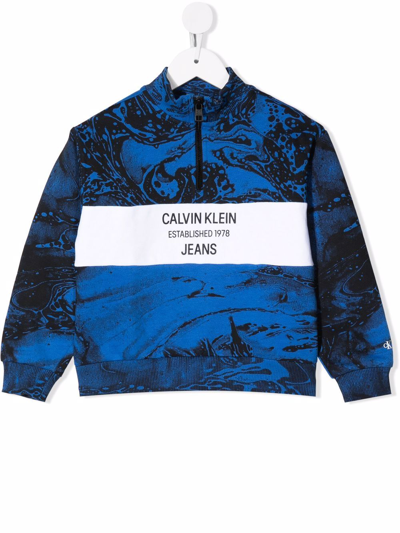 Calvin Klein Kids' Marbled Logo Half-zip Sweatshirt In Blue