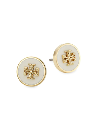 Tory Burch Kira Logo Colored Disc Stud Earrings In Ivory,gold