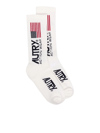 Autry Socks Iconic Unisex Logo White Ribbed Cotton Socks With Logo
