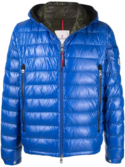 Moncler Galion Logo-appliquéd Quilted Glossed-shell Hooded Down Jacket In Blue
