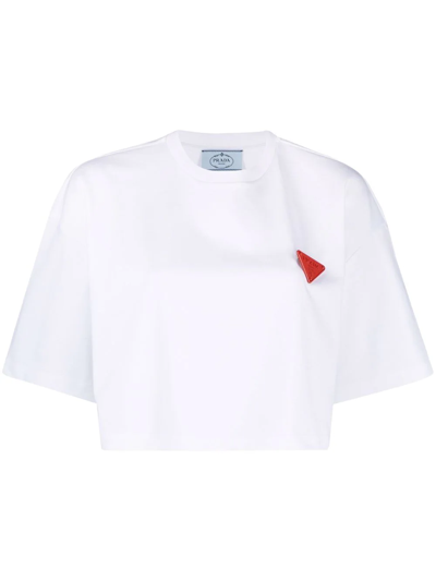 Prada Triangle-brooch Cropped T-shirt In White