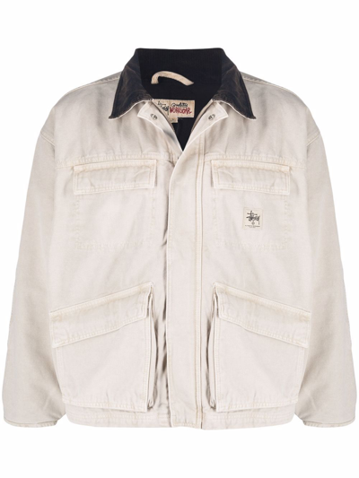 Stussy Corduroy-trimmed Logo-appliquéd Cotton-canvas Jacket In Neutrals